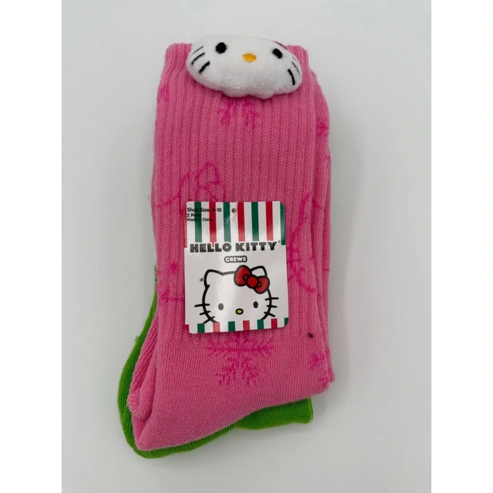 Hello Kitty Crew Socks Size 4-10 Pink Green Holiday Presents‎ Sanrio